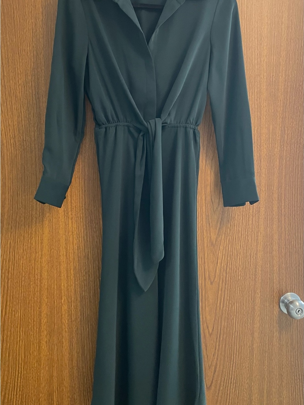 Babaton Dark Green Long-Sleeve Tie-Waist Maxi Dress